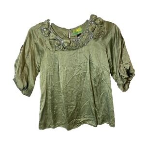 Tracy Porter 3/4 Puff Sleeve Jeweled Neck Blouse Womens 4-6 Green Pleated Satin